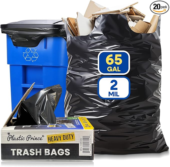 55-65 Gallon Trash Bags with Flap Ties 2 Mil Heavy Duty Fits Rubbermaid Brute Rollout 32-55 Gal Trash Cans 43 x 49 Large Durable Garbage Trash Can Liners Black 20 of Pack