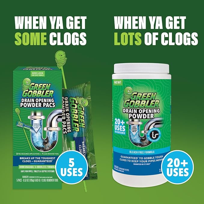 Green Gobbler Drain Clog Remover &amp Drain Cleaner Powder 20+ Treatments Maintenance Breaks Down Grease Paper Fat &amp Oil Septic Safe