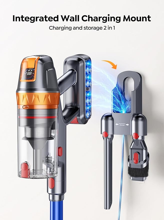 Cordless Vacuum Cleaner 600W with Extra Mattress Cleaning Tool 45KPA Stick Vacuum Cleaners for Home 60 Mins Runtime Self-Standing Wall Mount Charging Rechargeable Vacuum for Floor Carpet Pet Hair