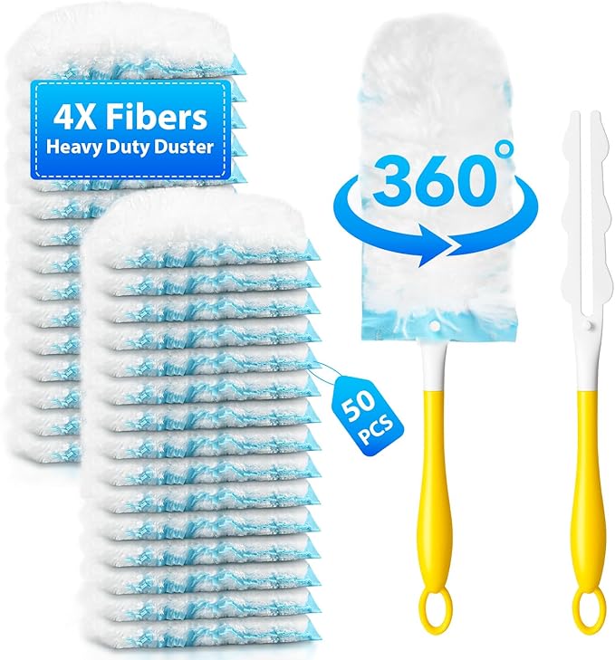 50 Count Disposable Duster Refills for Swiffer Dusters with 1 Handle - 360° Multi-Surface Larger Size Feather Dusters Dusting Kit for Cleaning Home Furniture Blinds and Ceiling Fans