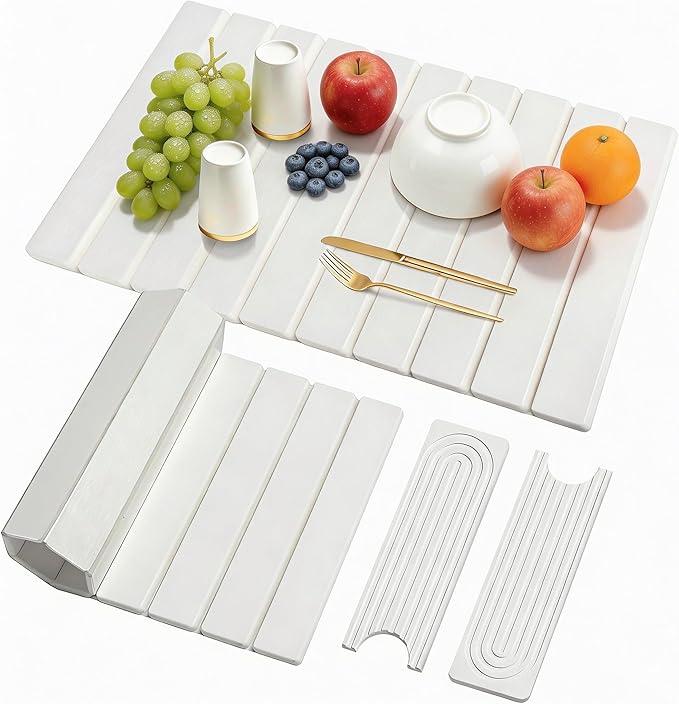 3PCS Set Large Stone Drying Mat for Kitchen Counter Foldable Collapsible Fast Drying Stone Dish Mat Water Absorbing Natural Diatomaceous Earth Bath Mat Quick Dry Stone Tray Bathroom Countertop White