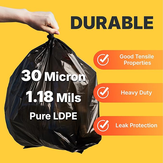 33 Gallon Trash Bags 30 Micron Heavy Duty Pure LDPE Garbage Can Liners 33 x 39 Large Black 100 Count