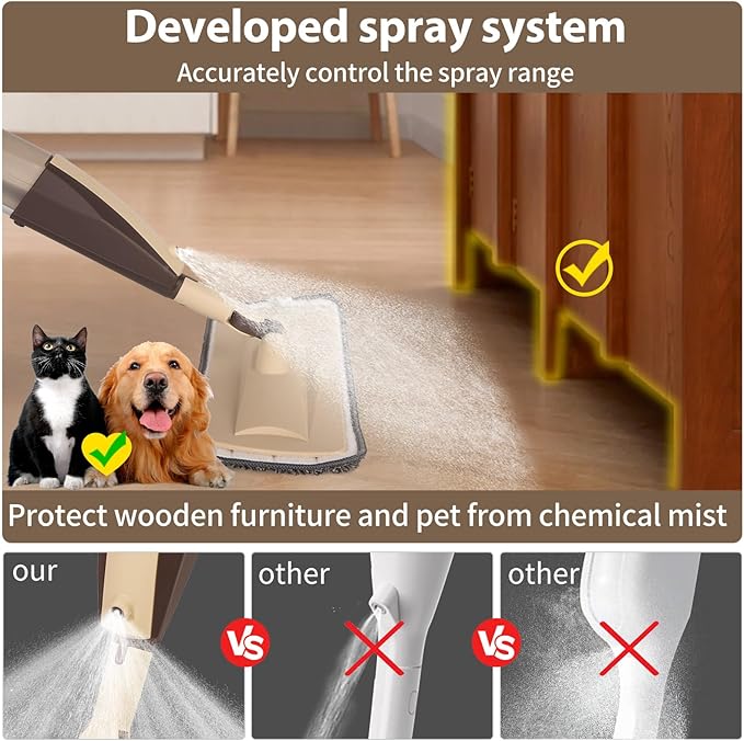 Mops for Floor Cleaning 50 inch Spray Mop with 400ml Refillable Bottle and 2 Replacement Pads Dry Wet FloorCleaning Household or Commercial Use for Hardwood Laminate Tile Ceramic (Brown)