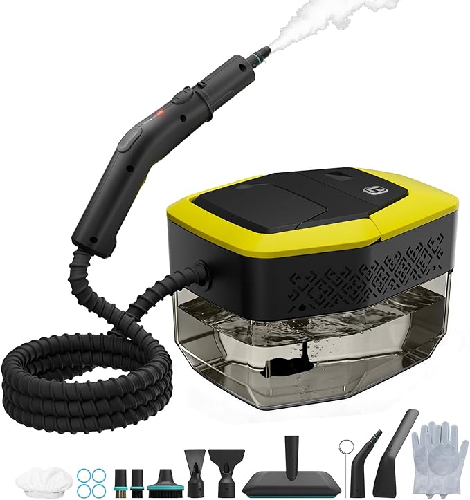 Heapsion Handheld Steam Cleaner 4 Bar Pressure 15s Fast Heat-Up 1.8L Large Capacity Tank 6 Steam Levels 12-Piece Accessories 1500W Portable Steam Cleaner for Grout Tiles Kitchen Car Detailing