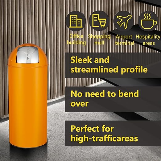 65L/17 Gallon Heavy Duty Stainless Steel Tall Commercial Trash Can Push Lid Kitchen Waste Bin for Indoor and Outdoor Durable Garbage Bin for Home Office Restaurant