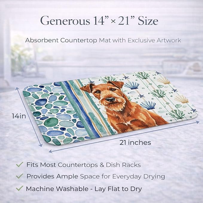 Caroline's Treasures Irish Terrier Coastal Sea Glass Dish Drying Mat Absorbent Dish Drying Mat Pad for Kitchen Counter Dish Drainer Mat for Countertop 14 x 21 Multicolor