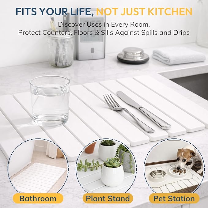 Large Stone Dish Drying Mat for Kitchen Counter 24''×16'' Collapsible Quick Dry Stone Mat Super Absorbent Diatomaceous Earth Mat for Dishes Utensils &amp Glasses White