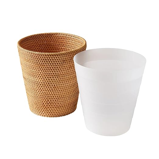 Rattan Bathroom Wastebasket - Natural Woven Trash Can with Liner Water-Resistant Design for Bathroom Bedroom or Office Boho Home Decor