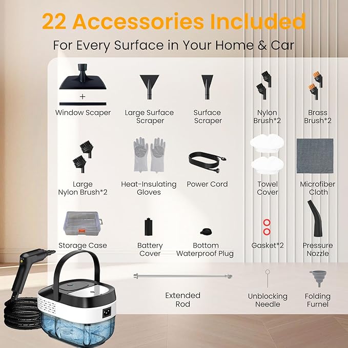 Steam Cleaner 1.6L Adjustable Pressurized Steamer for cleaning 15s Heat-Up 2500W Handheld Steamer Cleaning for Home|Car|Tile|Floor Multi-Surface Cleaning Machine with 22pcs Accessories