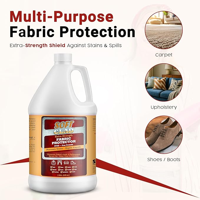Extra Strength Fabric Protector Spray Prevents Stains and Repels Liquids. SoftClad Guards Furniture Shoes Carpet Upholstery Suede Leather Couch. Safe for Indoor Use. PFAS Free Formula. 1 Gallon