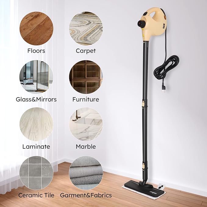 KeLDE 1300W Pressurized Handheld Steam Cleaner with Extension Rod 12 Accessories Multi-Surface Multi-Purpose Steam Mop for Deep Cleaning Home Kitchen Floor Grout Upholstery Sofa Carpet and Car