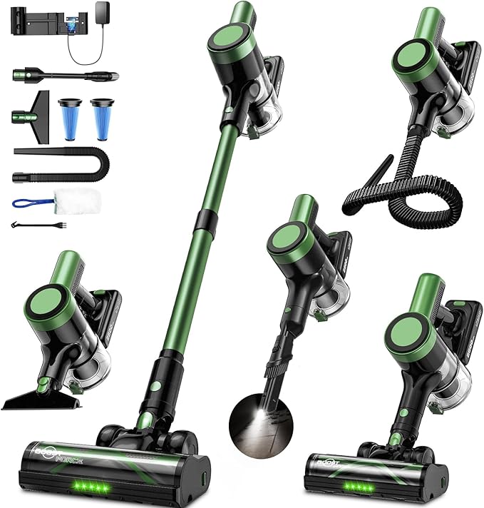 Cordless Vacuum Cleaner 58Kpa Vacuum Cleaners for Home 55Mins Stick Vacuum with Self-Standing &amp LED Display Anti-Tangle &amp Wall Mount Charging (Green)