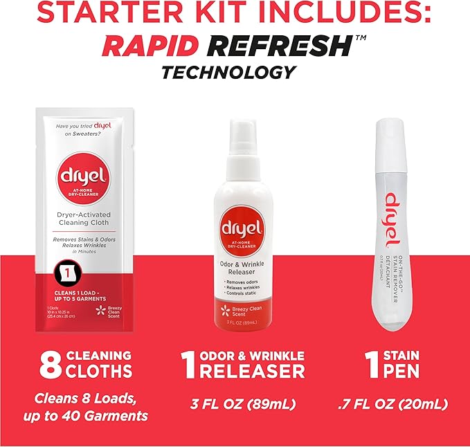dryel At-Home Dry Cleaner Starter Kit with Wrinkle Release Spray New and Improved Gentle Laundry Care for Special Fabrics and Dry-Clean-Only Clothes 8 Loads with On-the-Go Stain Remover