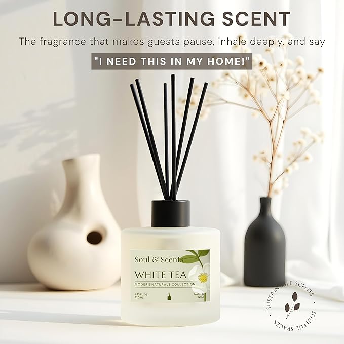 Soul &amp Scents Reed Diffuser Set – White Tea | 7.43 oz Refillable Scented Oil with 6 Fiber Sticks | Long-Lasting Home Fragrance &amp Air Freshener for Bedroom Bathroom Office | Gift &amp Décor