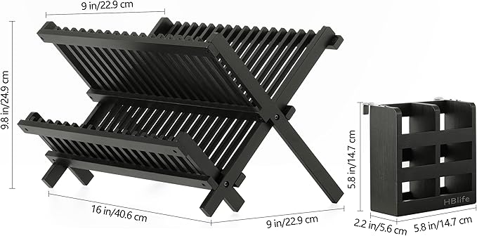 HBlife Dish Rack Black Bamboo Folding 2-Tier Collapsible Drainer Dish Drying Rack with Utensils Flatware Holder Set (Dish Rack with Utensil Holder)