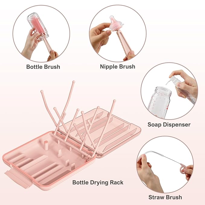 6 in 1 Baby Bottle Cleaner Set with Drying RackSilicone Baby Bottle BrushStraw BrushNipple BrushSoap Dispenser and Storage Box Portable Baby Essentials for Home&ampTravel(Pink)