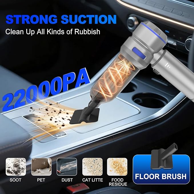 Handheld Car Vacuum Cordless 22000PA Strong Suction Mini Vacuum Cleaner with Brushless Motor 4-in-1 Portable Vacuum for Car Detailing Home Office &amp Travel Silver Blue