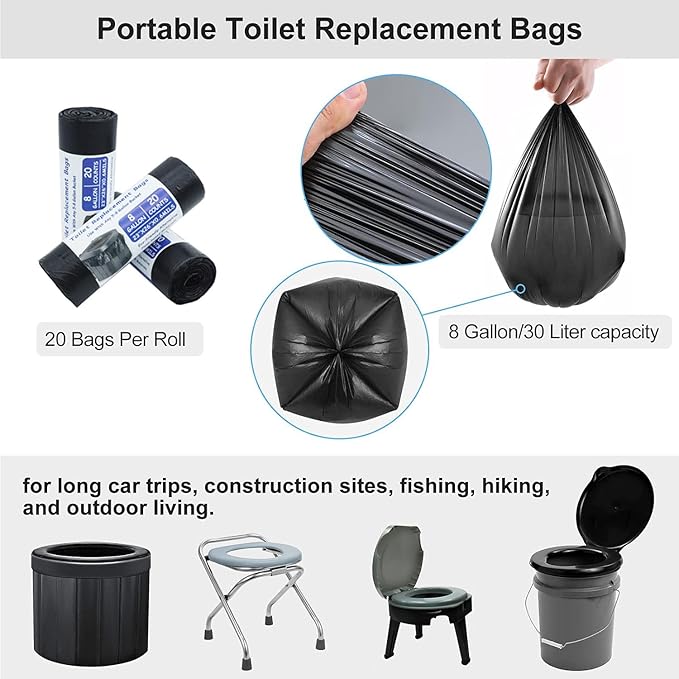 8 Gallon Portable Toilet Bags Thick Black Trash Bags for Camping Toilet Bedside Commode &amp Small Trash Can Heavy Duty Bucket Toilet Liners 3 Rolls 60 Count