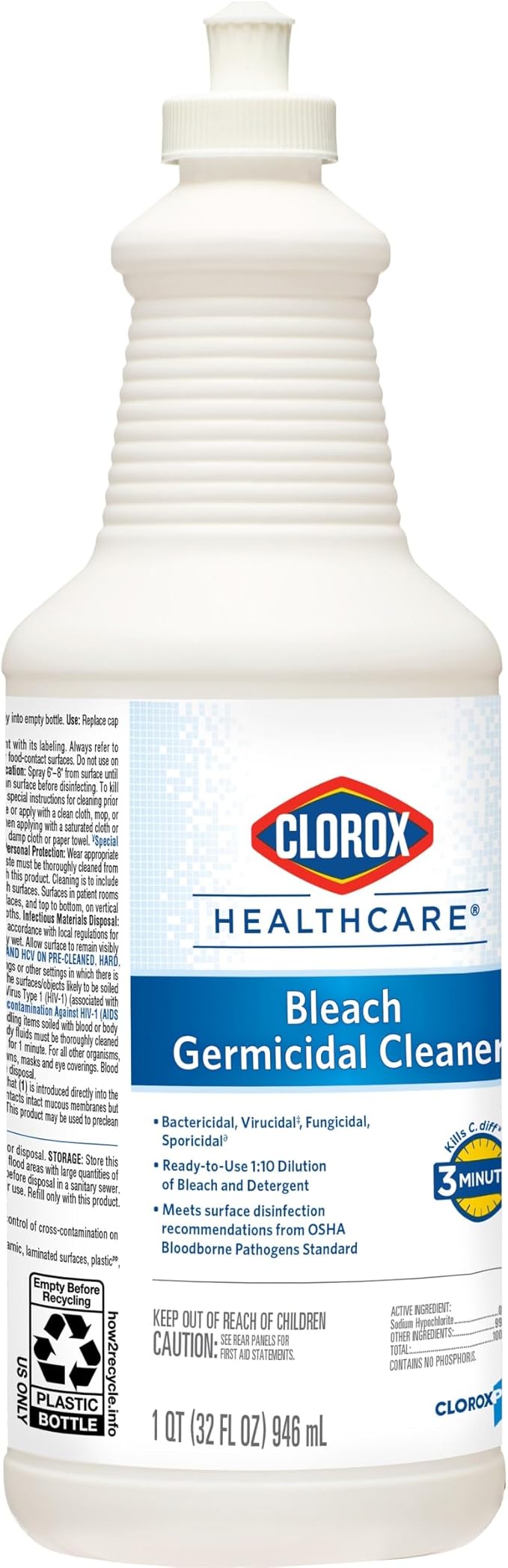 CloroxPro Healthcare Bleach Germicidal Cleaner Pull-Top Healthcare Cleaning and Industrial Cleaning 32 Ounces - 68832 (Pack of 6)