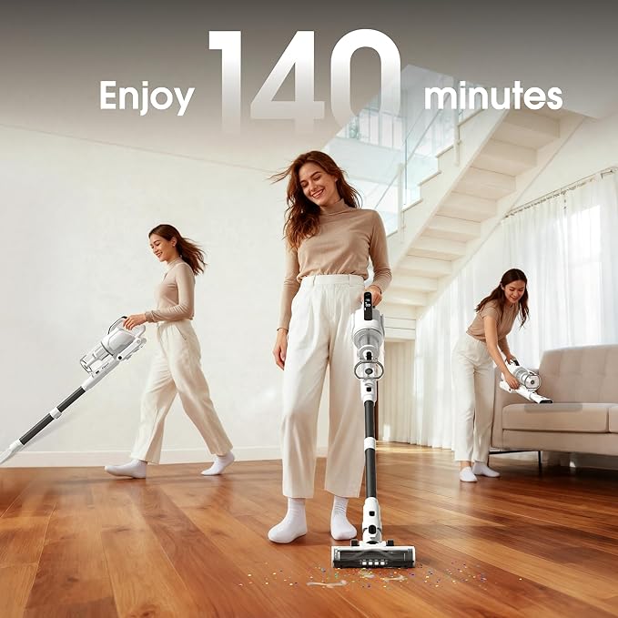 Cordless Vacuum Cleaner 2 Batteries 140 Mins Runtime 600W 50Kpa Stick Vacuum Cordless Self-Standing Vacuum Cleaners for Home with 2.5H Fast Charging for Floor/Carpet/Pet Hair White