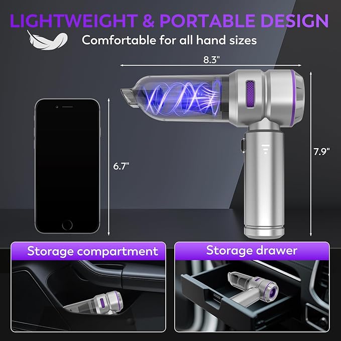 Handheld Car Vacuum Cordless 22000PA Strong Suction Mini Vacuum Cleaner with Brushless Motor 4-in-1 Portable Vacuum for Car Detailing Home Office &amp Travel Silver Purple