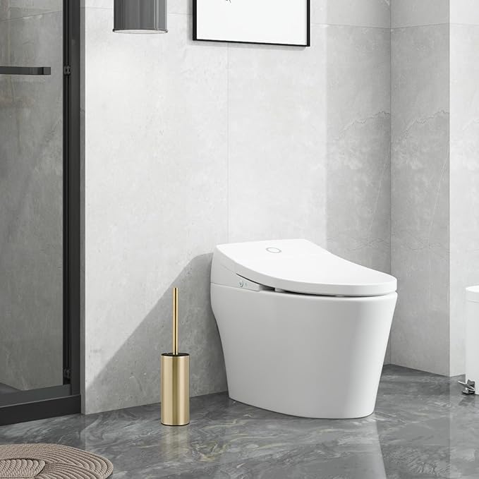304 Stainless Steel Toilet Bowl Brush and Holder Set Circular Floor Toilet Brush Holder Long Handle Bathroom Heavy-Duty Cleaner High-End Cylinder Wall2 Brush Head (Brushed Gold) YIGUANXIN