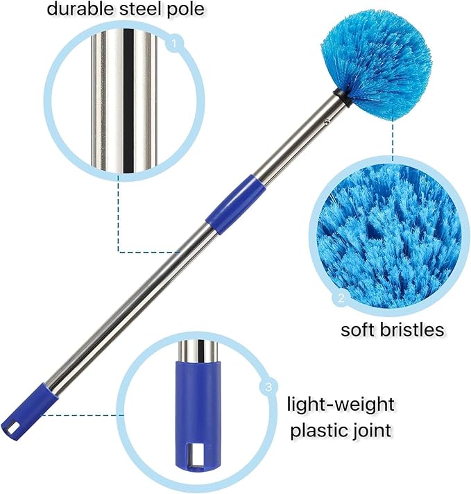 Extended Reach Cobweb Duster with 8-Foot Pole - Medium Bristle Brush for Ceiling Wall and Indoor/Outdoor Cleaning Lightweight Stainless Steel (10FT)