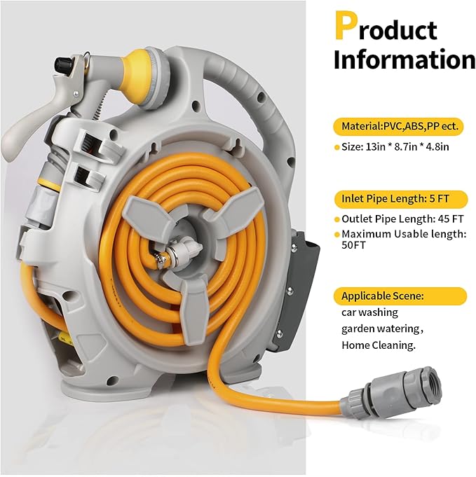 Garden Retractable Hose Reel Portable Simple Home Hose Reel 45+5 FT with 7 Patterns Spray Nozzle Wall Mounted and Any Length Lock for Garden Watering Car Washing Pet (Orange)