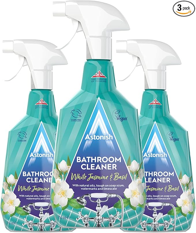 Astonish Streak Free Foaming Bathroom Cleaner Spray Bottle 3 Pack - Deep Cleaning White Jasmine &amp Basil Scented Spray for Soap Scum Watermarks &amp Limescale - Cleaning Supplies 750 ml Bottle