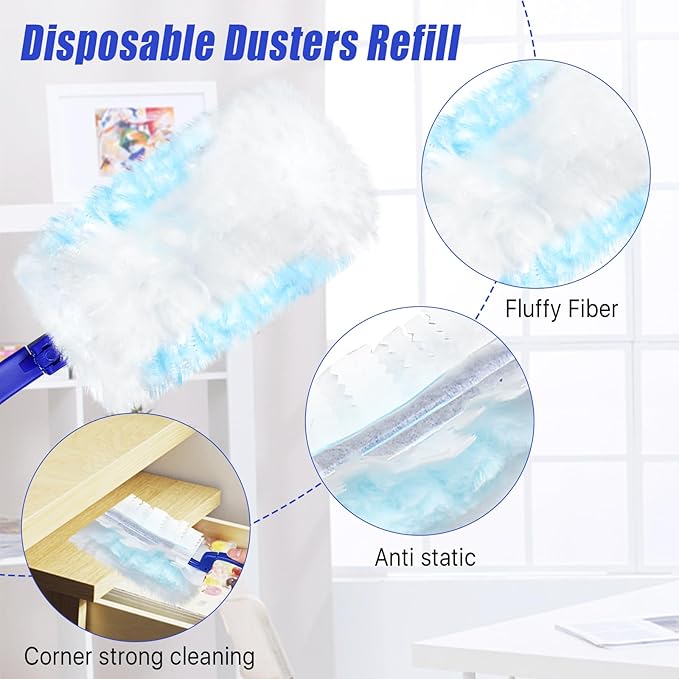100 Pcs Duster Refills Bulk Thickened Duster Refill Electrostatic Duster Head Duster Refills for Cleaning with 4 Handles Disposable Duster Refills for Cleaning Blinds Ceiling Fans(Blue)