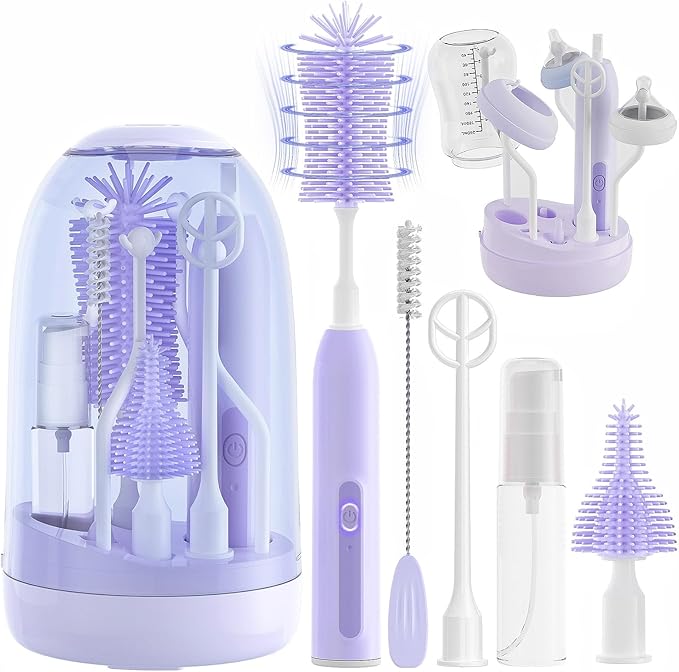 Electric Bottle Brush CleanerElectric Baby Bottle Brush Cleaner with Silicone Nipple&ampStraw BrushSoap DispenserDrying Rack-WaterproofLong Battery LifeTravel Bottle Cleaner Kit for Babies