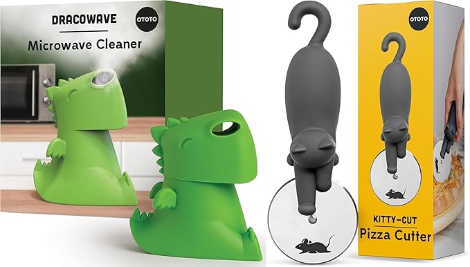 OTOTO Bundle of 2 Dracowave Dragon Microwave Cleaner + Kitty Cat Pizza Cutter Cute Kitchen Gadgets Cute Gifts