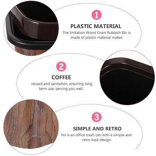 Luxshiny Vintage Wood Grain Bathroom Garbage Container 10l Rectangular Plastic Trash Can with Removable Press Ring for Kitchen Living Room and Toilet Wastebasket