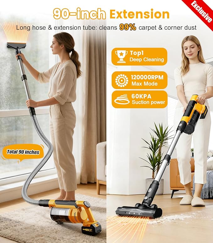 qimedo 8000mAh Cordless Vacuum Cleaner with 2 Batteries 700W Powerful Suction 90 Inch Extension Tube &amp 2L Dust Cup 7 in 1 Stick Vacuum for Home Hardwood Floor Pet Hair Dorm