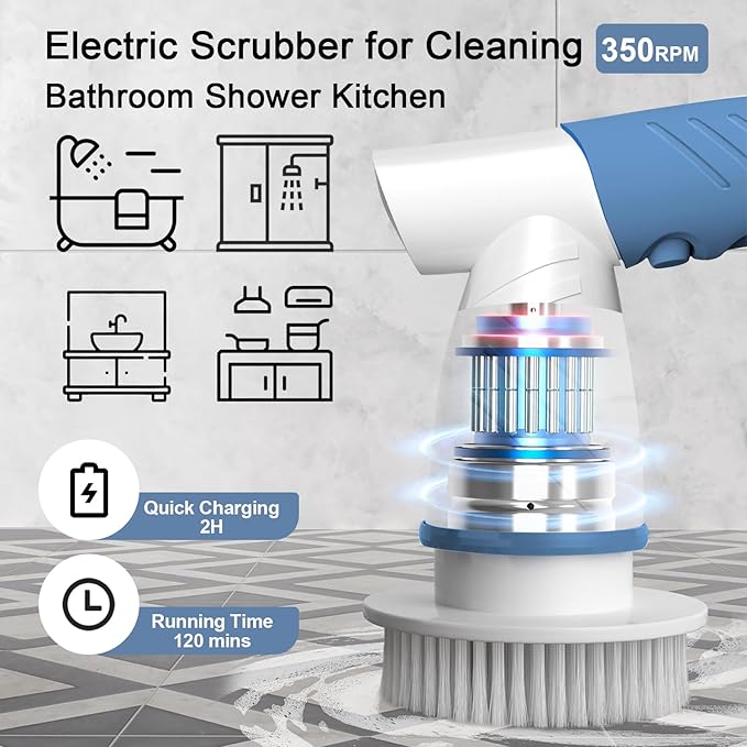 Electric Spin Scrubber IEZFIX Electric Cleaning Brush Bathroom Shower Scrubbing Cleaner Brush Power Scrubber Cordless with 4 Replaceable Brush Heads for Bathtub Tile Floor Toilet Kitchen - Blue