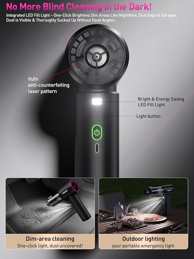 Mini Car Vacuum Portable Cordless with LED Light 15000PA Powerful Suction 80W High Power One-Click Empty Dual Hepa Filter Car Vacuum Cleaner &amp Air Duster for Home Desk PC Keyboard