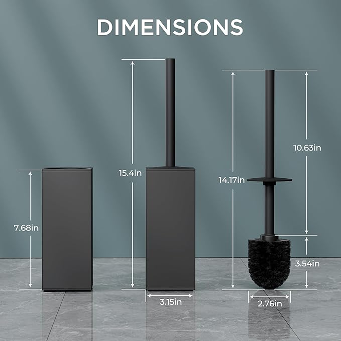 FORIOUS Toilet Brush and Holder Set Heavy Duty 304 Stainless Steel Base Square and Long Handle for Bathroom Deep Cleaning Drip-Proof Space Saving for Storage 2 Toilet Bowl Brush Head Black