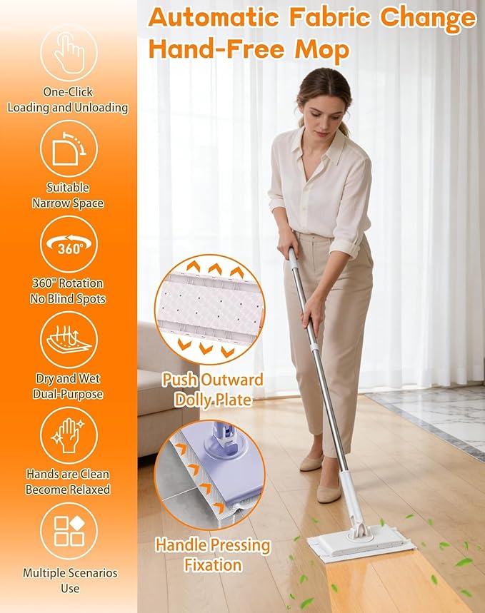 Snap Grip Mini Mop Cloth Changing Mini Mop Magic Cleaning Cloth 5 Automatic Gripping or Releasing 360° Rotating Head &amp Universal CompatibilityWet/Dry Use for Multi Cleaning(White 10 Cloth)