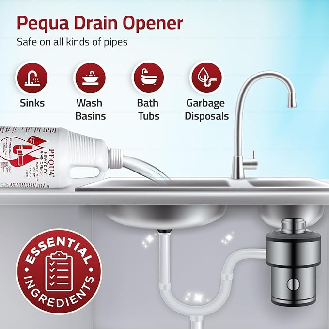 PEQUA INDUSTRIES 64 oz Pequa Heavy Duty Drain Opener - Powerful Non-Acid Fast-Acting Formula Safe for All Pipes Industrial strength Drain Cleaner for Sinks Tubs Septic Tanks (Pack of 4)