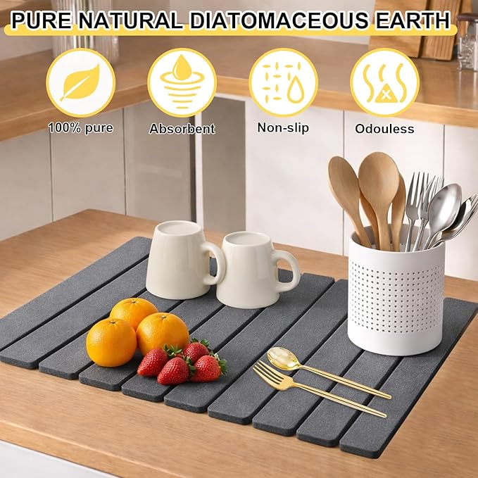 2 Pcs Large Stone Dish Drying Mat For Kitchen Counter 24×16 Collapsible Quick Stone Dry Dish Mat Absorbent Diatomaceous Earth Mats For Bottles Cups Match Any Countertop (Dark Gray 2 24 x 16)