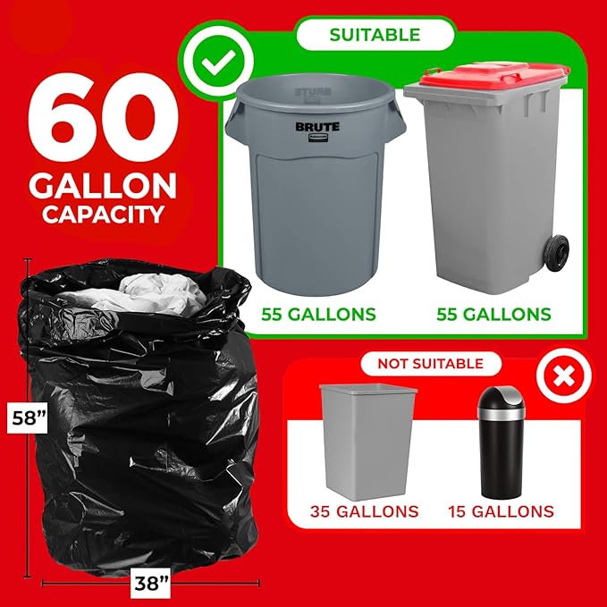 ToughBag 55-60 Gallon Heavy Duty Trash Bags - 150 Count Large Black Garbage Bags - Made in USA