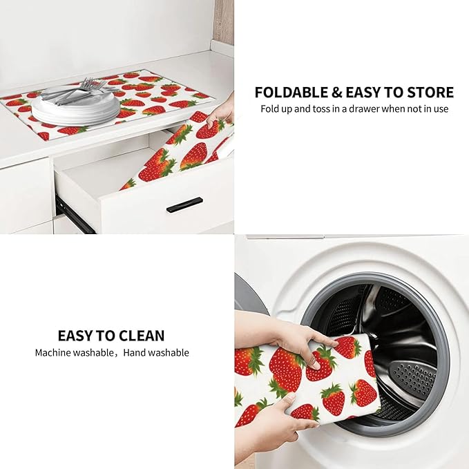 Cute Strawberry Dish Drying Mat For Kitchen Counter Super Absorbent Microfiber Dish Drying Pad Kitchen Gadgets For Easy Clean Multi-Use Large 18x24