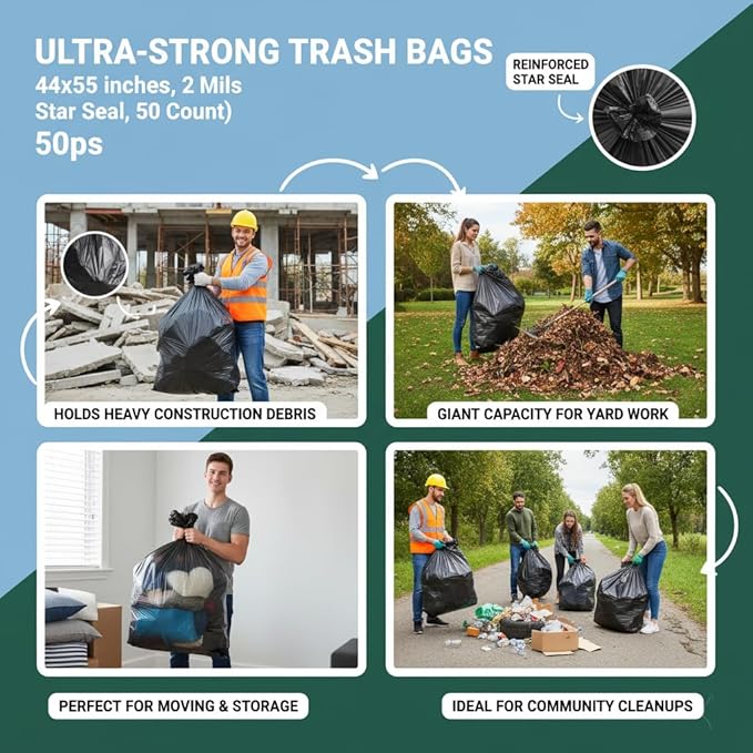 Ultra-Strong Trash Bags 44x55 Inches 2 Mils Thick 50 Count – Heavy Duty Black Garbage Bags with Star Seal Bottom 65 Gallon Capacity
