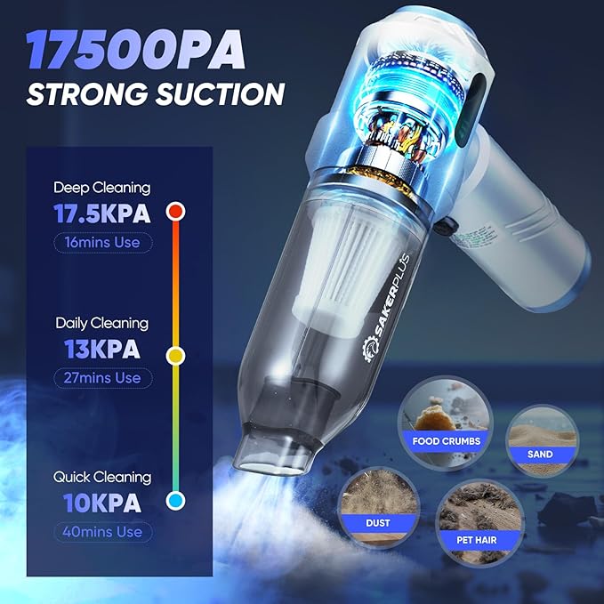 Cordless Car Vacuum 4 in 1 Mini Vacuum Cleaner High Power 17500PA Suction Handheld Vacuum Portable Air DustersBattery 3 Level Adjustment Small Car Cleaner for Cars Home Office (Silver)