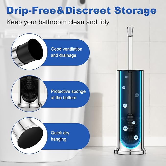 Toilet Brush and Holder Set：304 Stainless Steel Heavy Duty Toilet Bowl BrushRemovable Inner Bowl and Splash ProtectionBathroom Toilet Brush-Dense Bristles for Through Cleaning