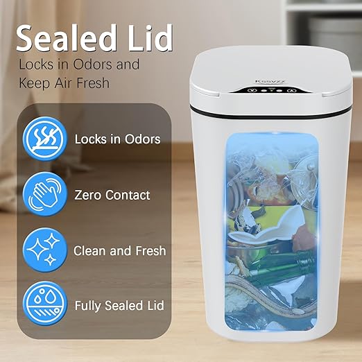 2 Pack Automatic Small Bathroom Trash Can with Lid - 2.5 Gallon Touchless Electric Garbage Can Motion Sensor Smart Trash Bin Slim Plastic Trashcan Waterproof Wastebasket for Bedroom Office (White)