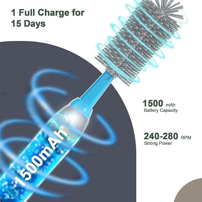 Electric Baby Bottle Brush Cleaner with Extended Handle &amp Drying Holder Baby Bottle Brush Set with Silicone Bottle/Nipple/Crevice/BrushStraw CleanerLifesaver Automatic Bottle CleanerGray