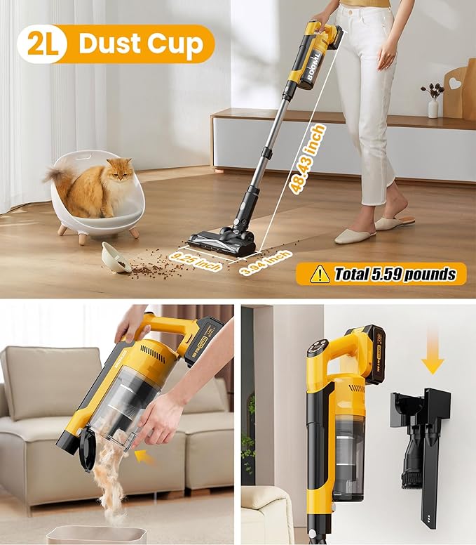 qimedo 8000mAh Cordless Vacuum Cleaner with 2 Batteries 700W Powerful Suction 90 Inch Extension Tube &amp 2L Dust Cup 7 in 1 Stick Vacuum for Home Hardwood Floor Pet Hair Dorm