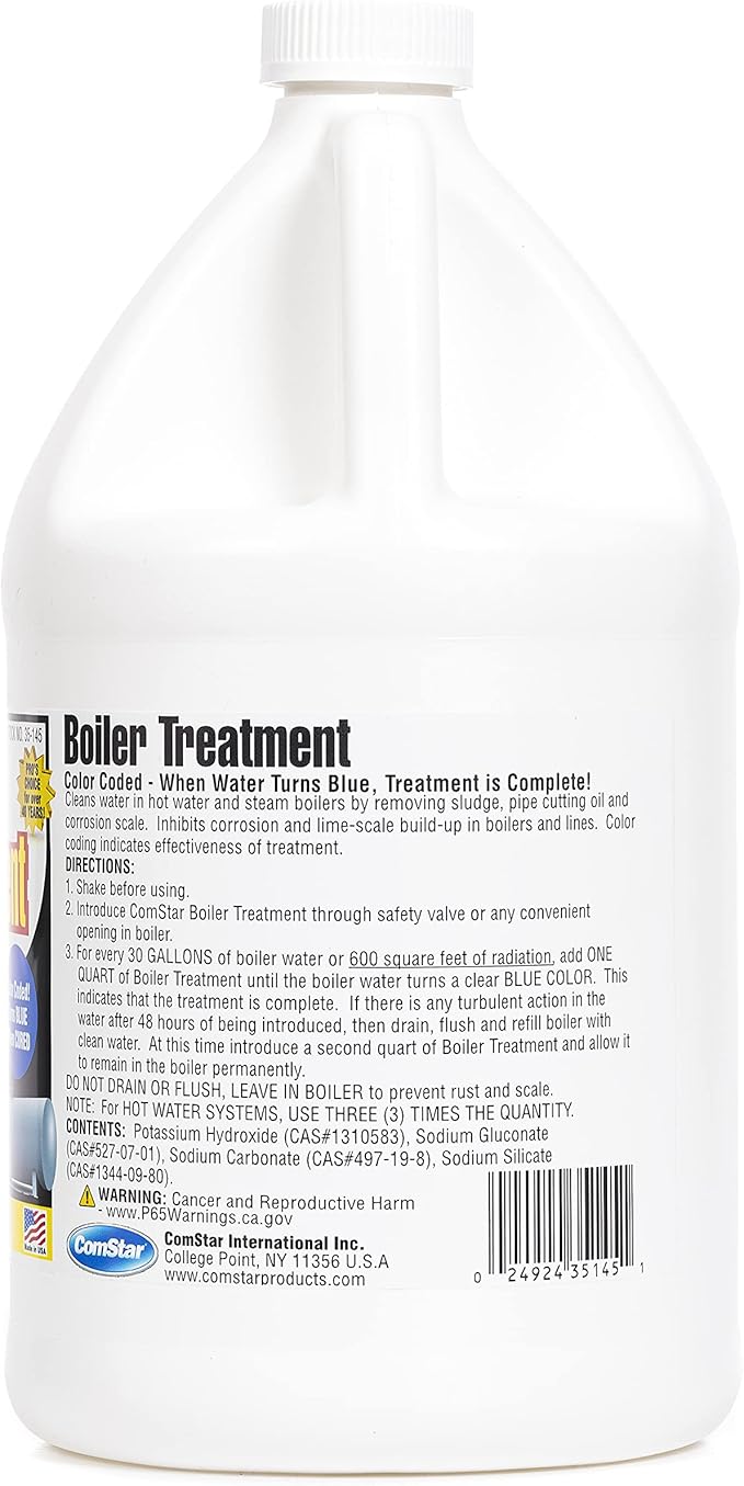 ComStar Boiler Treatment w/Blue Color Indicator Boiler Water Cleaner &amp pH Neutralizer Prevents Rust Scale in Boiler Water Without Flushing Helps to Remove Oil &amp Sludge 1 Gallon (35-145)