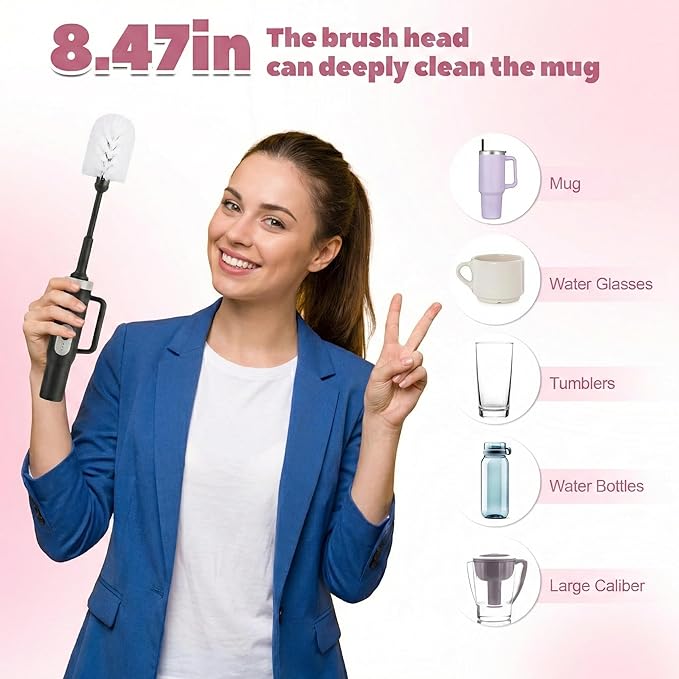 Electric Water Bottle Brush and Straw Cleaner Brush Long Handle Bottle Cleaner Brush 2 in 1 Bottle Cleaning Brush for Sports Bottles Baby Bottles Mugs StrawsStanley Cup